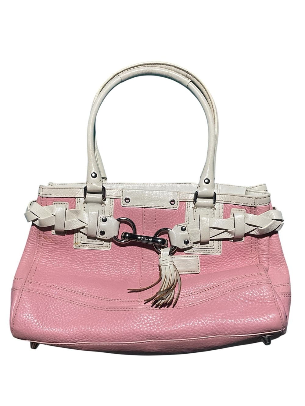 Vintage Coach Hampton
Carryall Satchel Pink & White Leather Braid Tassel HandBag